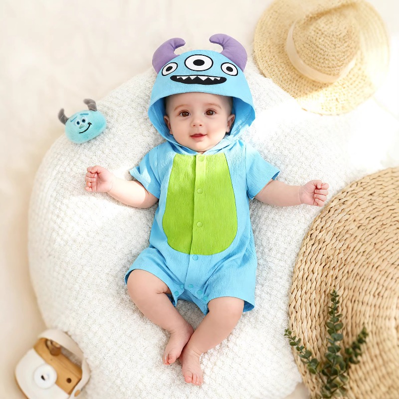 Cotton Baby Onesies Zipper - ชุดรอมเปอร์เด็กแรกเกิดสีฟ้าลายมอนสเตอร์ แขนสั้น มีฮู้ด ชุดบอดี้สูท ชุดจั๊มสูท ชุดวันพีซ