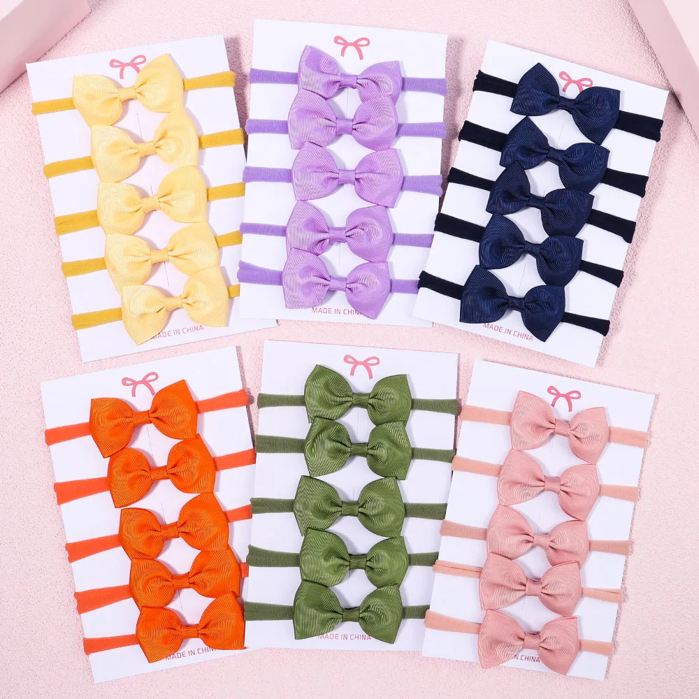 Baby Gear - 5 ชิ้น/เซ็ตสาวสีทึบ Bowknot สําหรับเด็กทารก Grograin ริบบิ้น