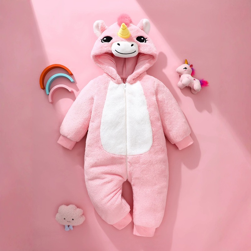 Cotton Baby Onesies Zipper - ชุดรอมเปอร์ยูนิคอร์นสีชมพูสำหรับทารกแรกเกิด ชุดบอดี้สูทมีฮู้ดพร้อมซิป ลายการ์ตูนสัตว์ ชุดนอนเด็กเล็กสำหรับฤดูหนาวที่อบอุ่น