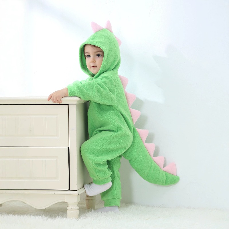 Cotton Baby Onesies Zipper - ชุดรอมเปอร์ไดโนเสาร์สีเขียวสำหรับทารกแรกเกิด ชุดบอดี้สูทมีฮู้ด ชุดจั๊มสูทเด็กเล็ก ผ้าฟลีซขนนุ่ม อุ่นสบายสำหรับฤดูหนาว พร้อมซิป