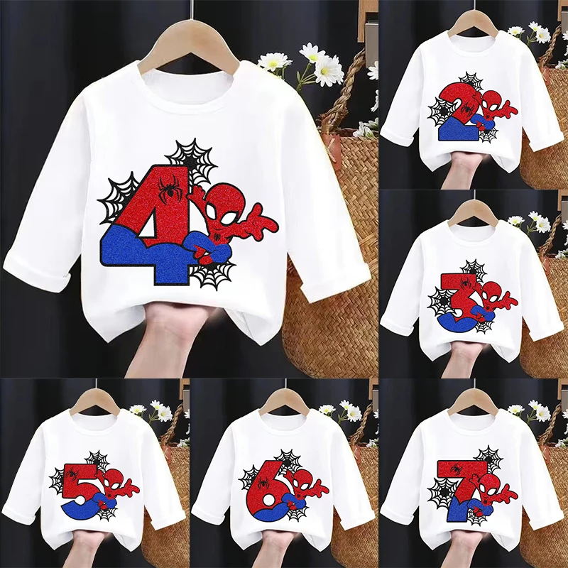 Baby Clothes - เสื้อยืดแขนยาวลายสไปเดอร์แมนสำหรับเด็ก เสื้อยืดพิมพ์ลายการ์ตูนตัวเลขวันเกิด เสื้อลำลองสำหรับเด็ก เสื้อผ้าเด็กผู้ชาย