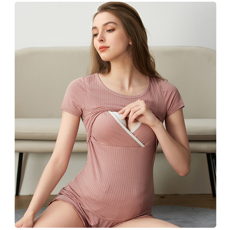Maternity Wear - ฤดูร้อนนุ่มเรยอน Pjs ชุดนอนยกขึ้นให้นมบุตรเปิดแผงพยาบาลชุดนอนให้นมบุตรขนาดใหญ่ M-3XL