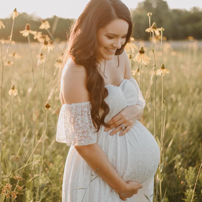 Maternity Wear - หญิงตั้งครรภ์ปิดไหล่ Ruffle แขนเสื้อลูกไม้ชุด Maxi การถ่ายภาพชุดการตั้งครรภ์ชุดสําหรับถ่ายภาพ