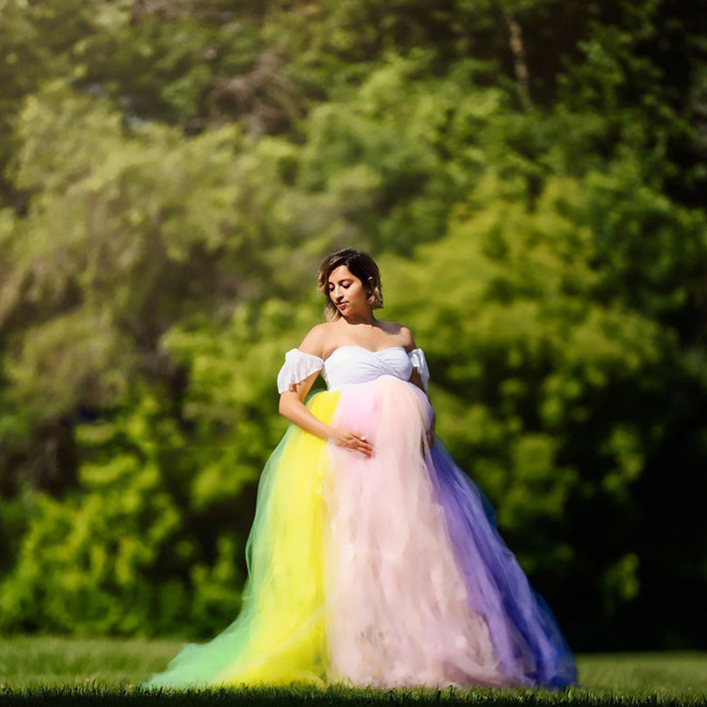 Maternity Wear - ชุดเดรสยาวสำหรับถ่ายภาพคนท้อง แขนสั้น แต่งลูกไม้และผ้าตาข่าย สไตล์ยุโรปและอเมริกา สำหรับวัยรุ่นและสตรีมีครรภ์