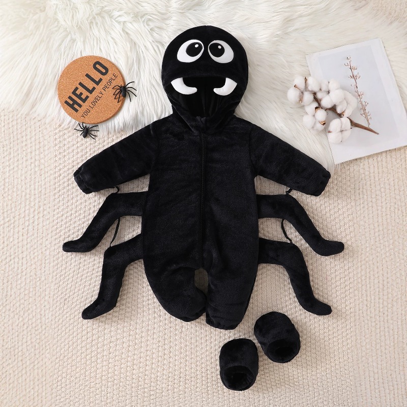 Cotton Baby Onesies Zipper - ชุดรอมเปอร์เด็กแรกเกิดลายแมงมุมสีดำ แขนยาว มีฮู้ด ชุดบอดี้สูทลายการ์ตูนสัตว์ ชุดแฟนซีฮาโลวีนสำหรับเด็กวัยหัดเดิน