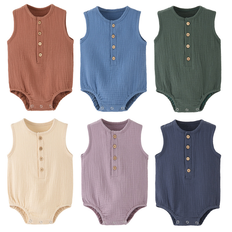 Baby Summer Linen Sleeveless Jumpsuit - ชุดบอดี้สูทเด็กแรกเกิด ผ้าฝ้ายลินิน 100% สำหรับฤดูร้อน แขนกุด ใส่ได้ทั้งเด็กชายและเด็กหญิง