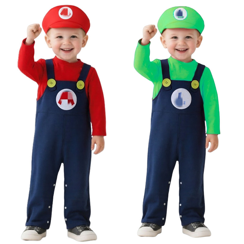 Baby Clothes - ชุดบอดี้สูทช่างประปาเด็ก สีแดงเขียว ลายอนิเมะ เกม ชุดบอดี้สูทช่างประปาสำหรับงานปาร์ตี้วันหยุด ชุดยูนิฟอร์มติดกระดุม