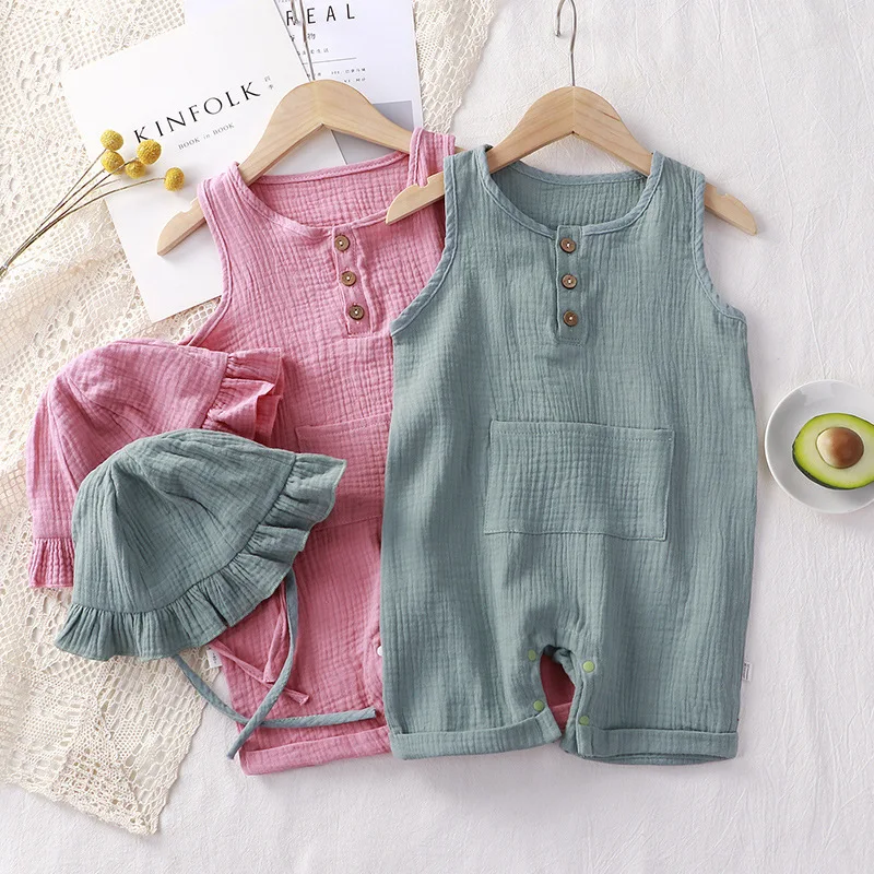 2 ชิ้น/เซ็ตเด็กฤดูร้อนเสื้อผ้า - Baby Summer Linen Sleeveless Jumpsuit บทวิจารณ์และราคา